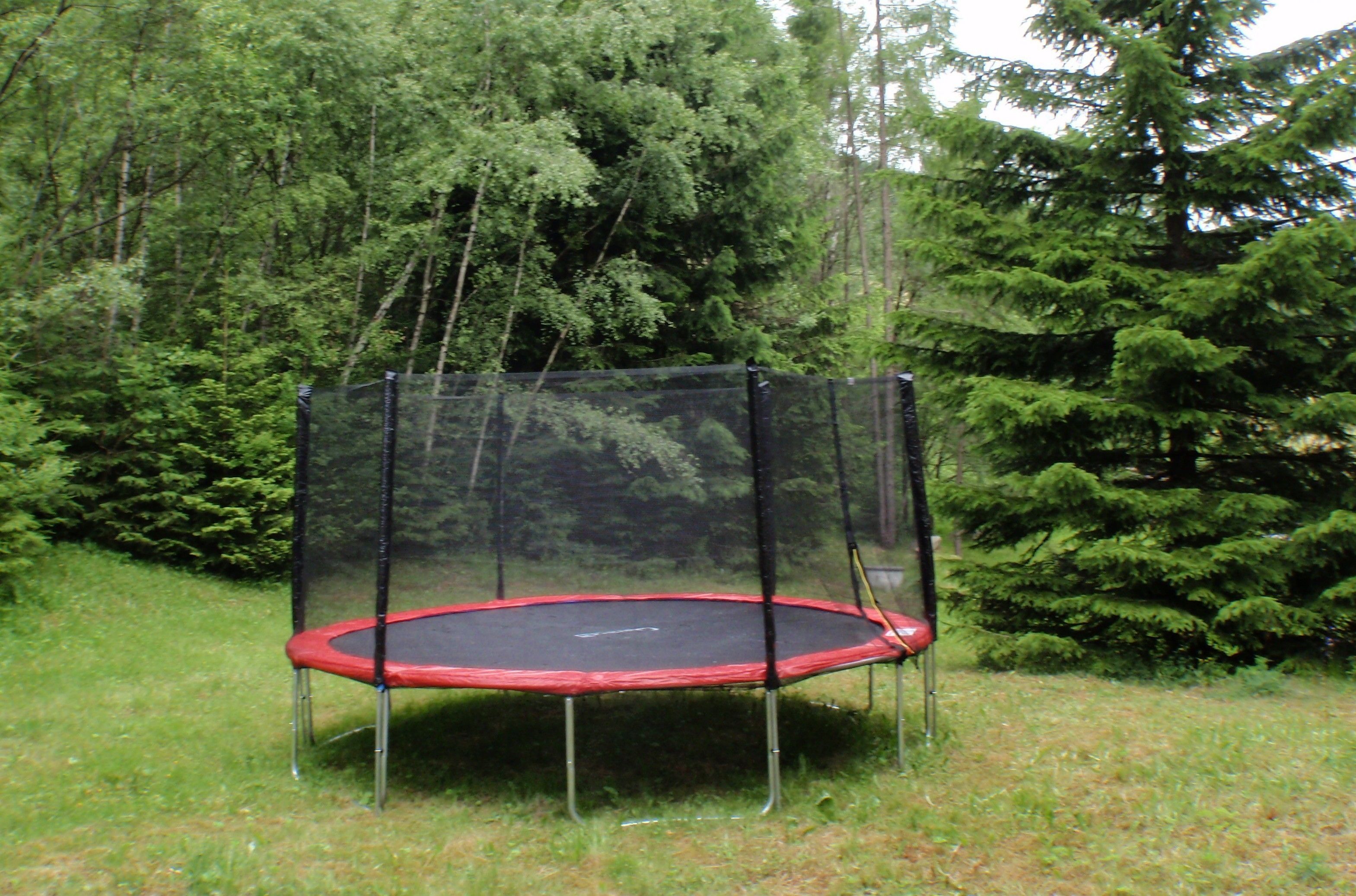 Un trampoline doté d’un filet de sécurité, installé dans un espace herbeux entouré d’arbres.