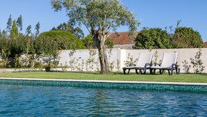 A swimming pool with lounge chairs and a tree. - Casa da Lagoa (Mira)