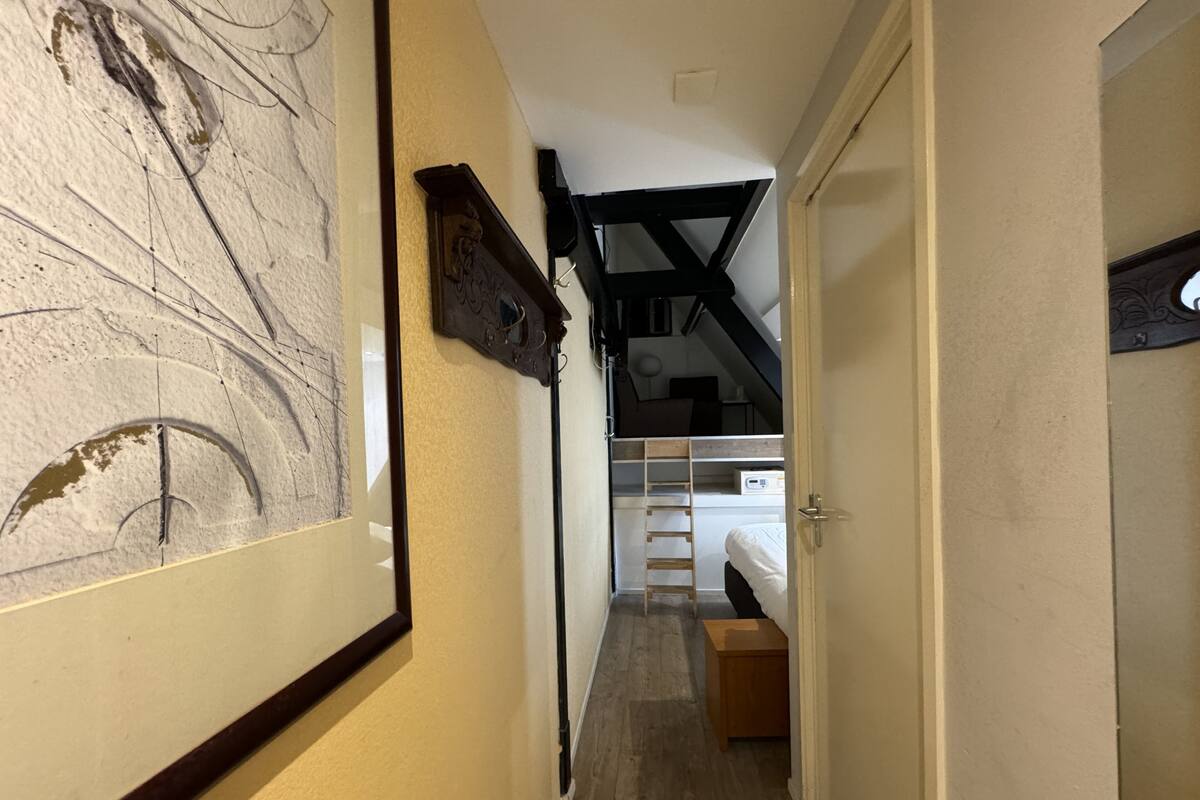Un pasillo estrecho con suelo de madera, una obra enmarcada a la izquierda, una escalera que lleva a una cama en el altillo, y una puerta a la derecha.