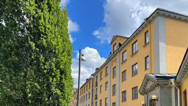 A row of yellow buildings with a clear sky and green trees. - Crafoord Place - Hostel (Stockholm)