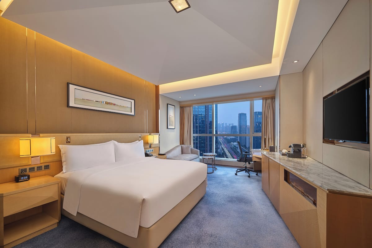 A hotel room with a large bed, a desk, a chair, a TV, and a city view.