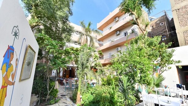 A narrow pathway between buildings, surrounded by lush greenery and a clear blue sky. - Amon Hotel (Luxor)