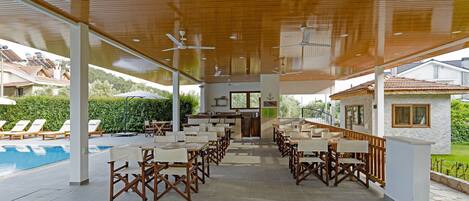 An outdoor dining area with wooden tables and chairs, a pool, and a covered section with ceiling fans.