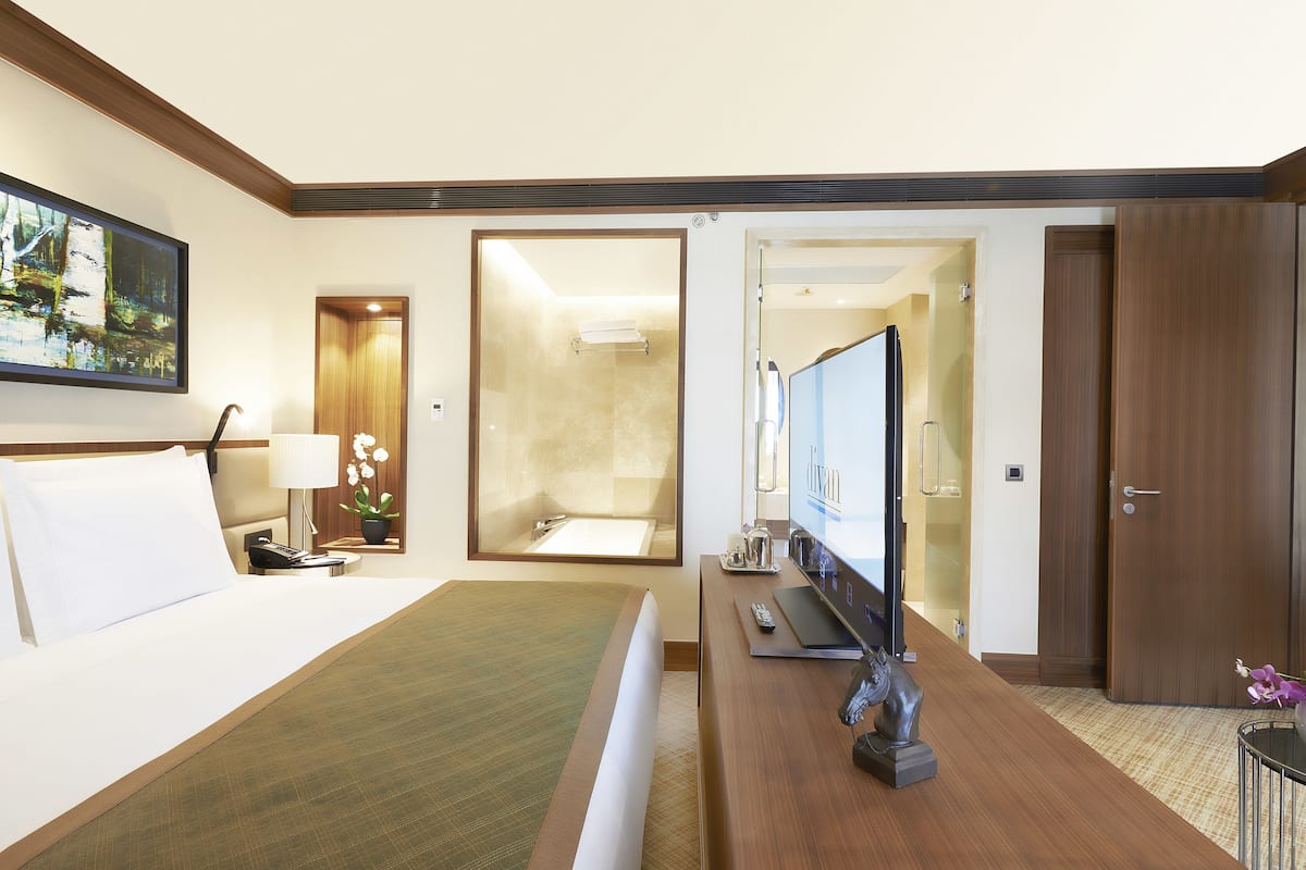 A hotel room with a bed, a desk with a flat-screen TV, a bathroom with a shower, and a door leading to another room.