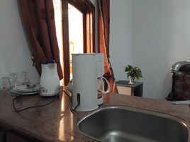 A kitchen with a sink, a coffee maker, and a small plant on the counter.