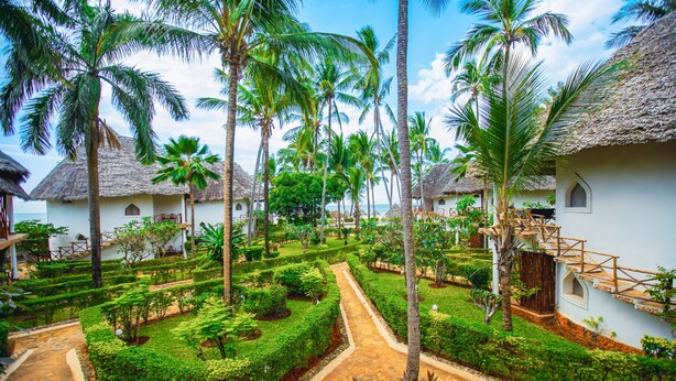 A resort with thatched-roof huts, a well-maintained garden, and a clear pathway.