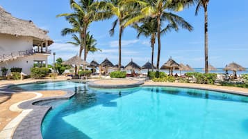 Outdoor pool, pool umbrellas, pool loungers