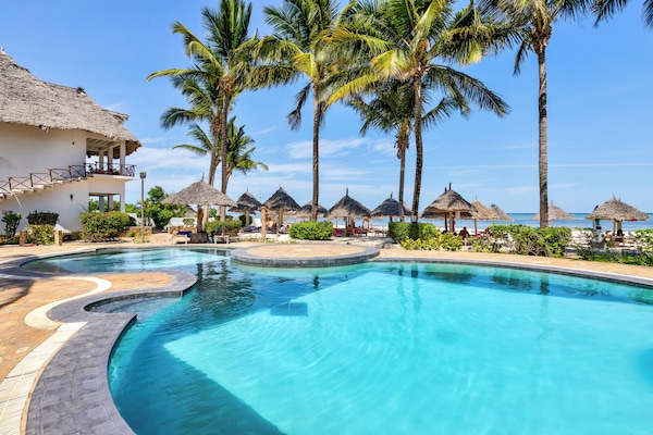 Outdoor pool, pool umbrellas, pool loungers