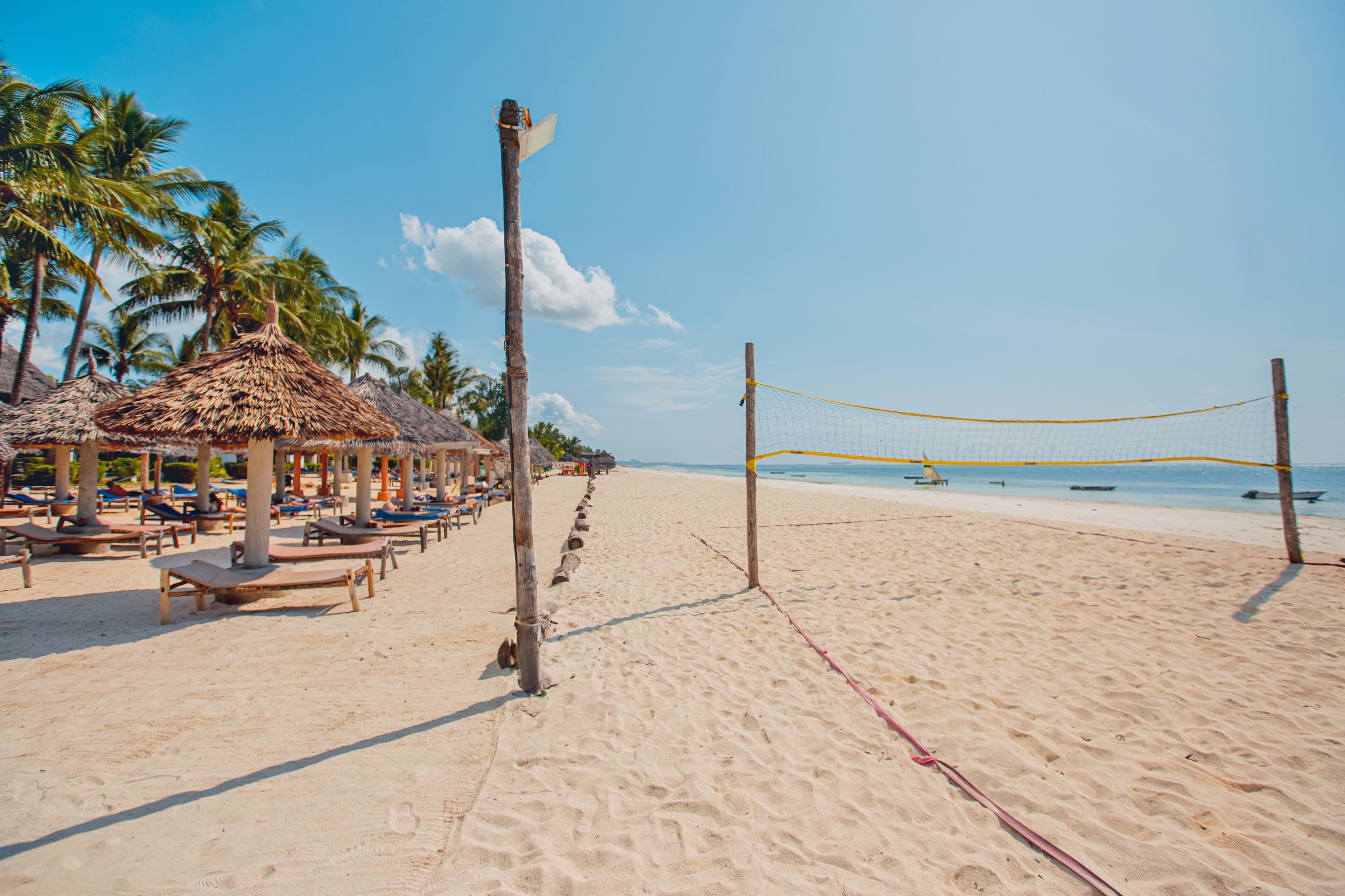 A beach volleyball court with a net, palm trees, and beach chairs.