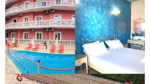 A hotel with a pool area, a balcony with red chairs, and a bedroom with a blue wall and a bed. - Villa Antonis (Parga)