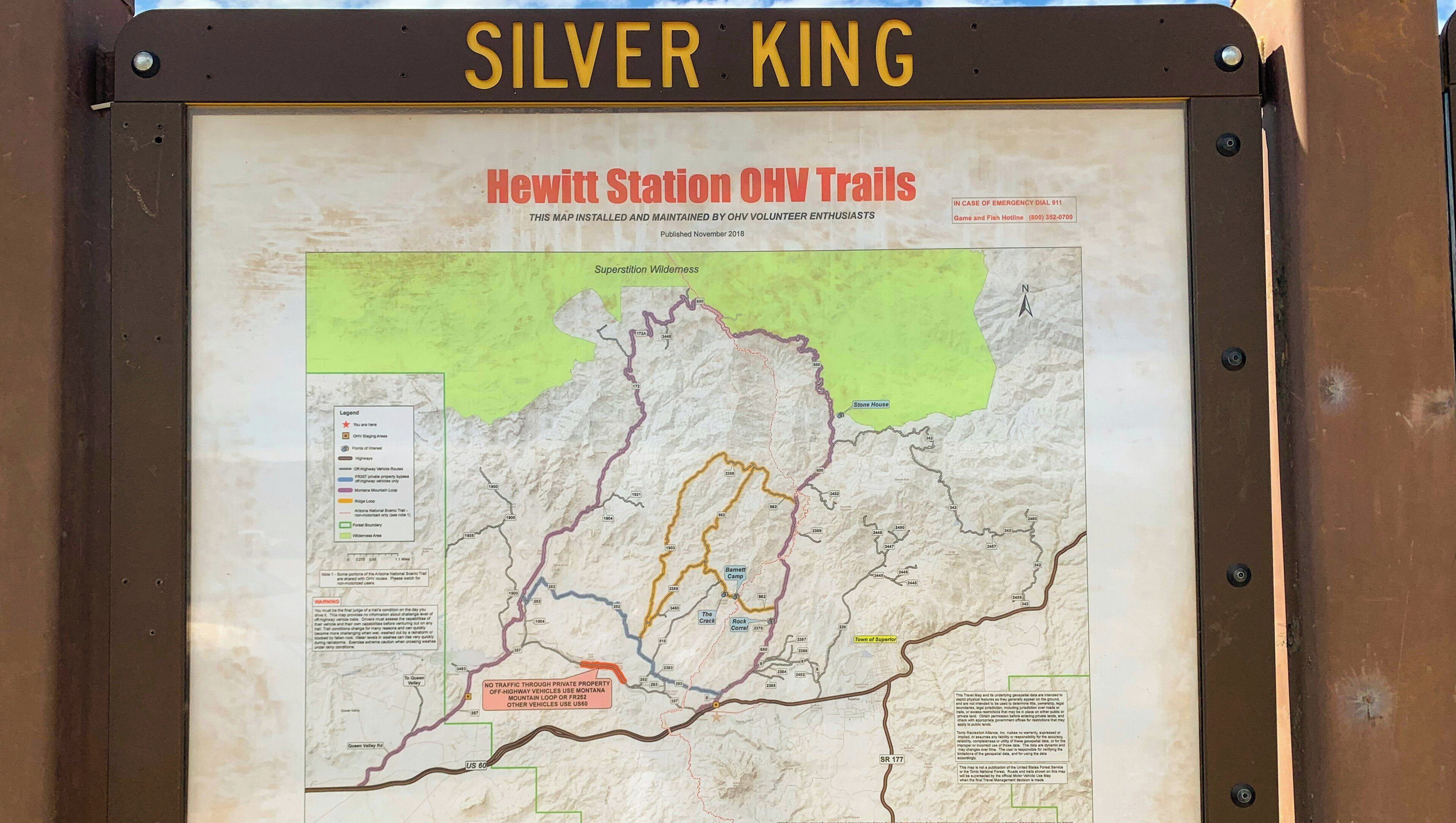 A map of Hewitt Station OHV Trails with marked trails, boundaries, and points of interest.