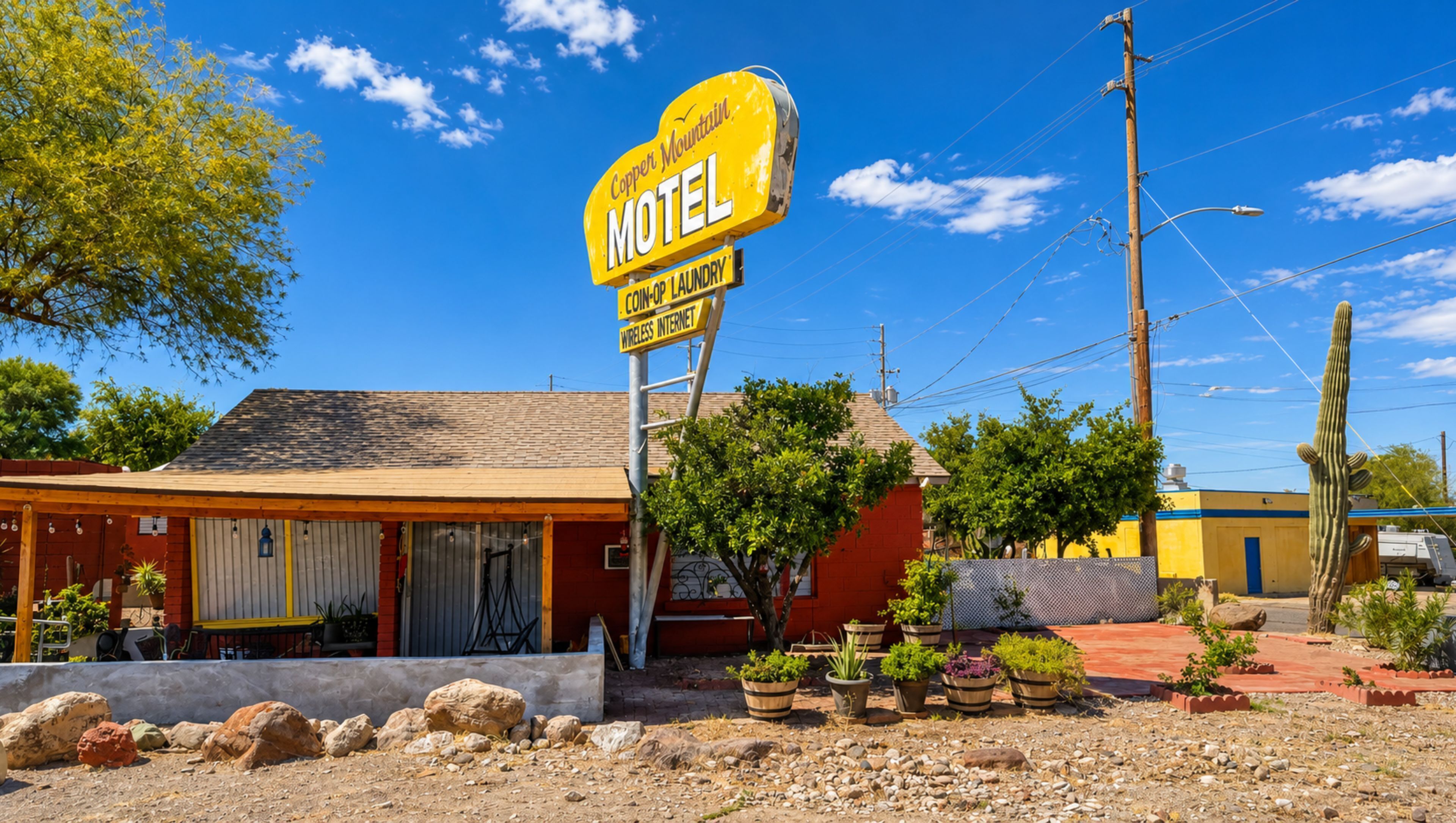Un motel con letrero amarillo, asientos al aire libre y un cactus en primer plano.