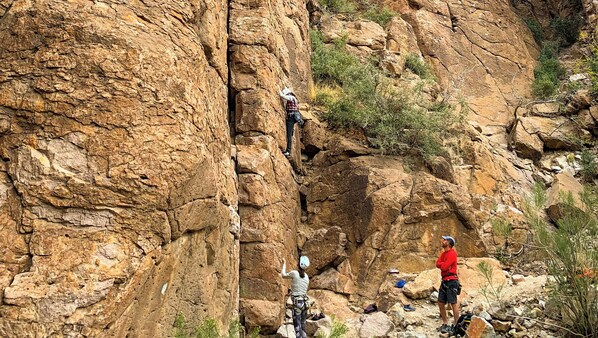A rocky cliff with two climbers ascending.