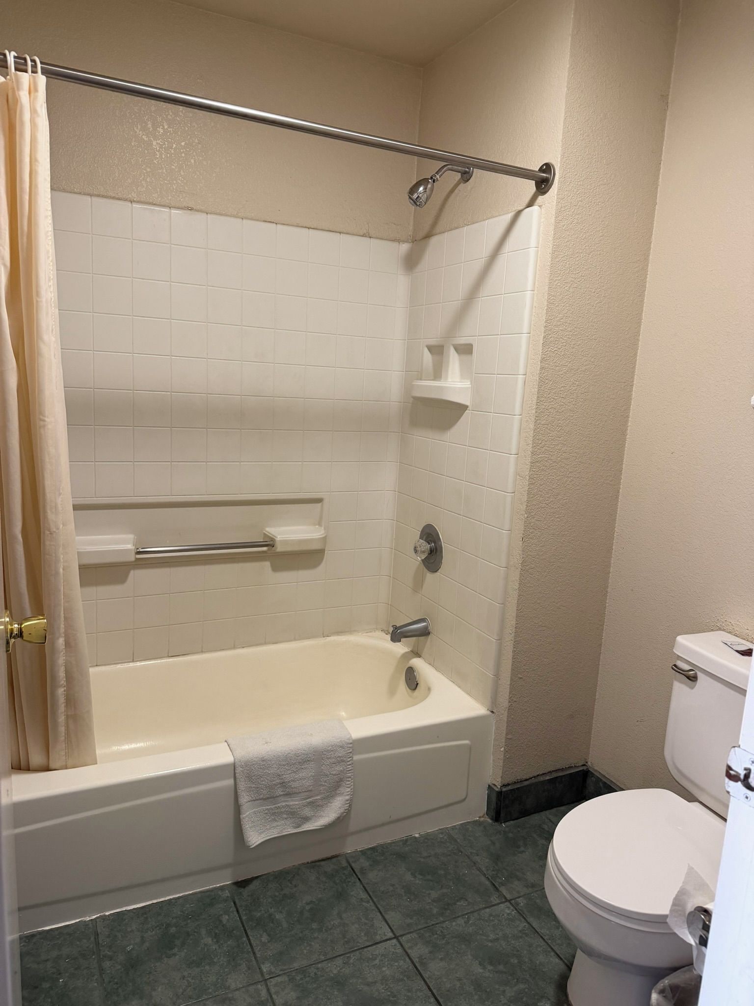 Un bagno con una vasca, un water e una tenda da doccia.