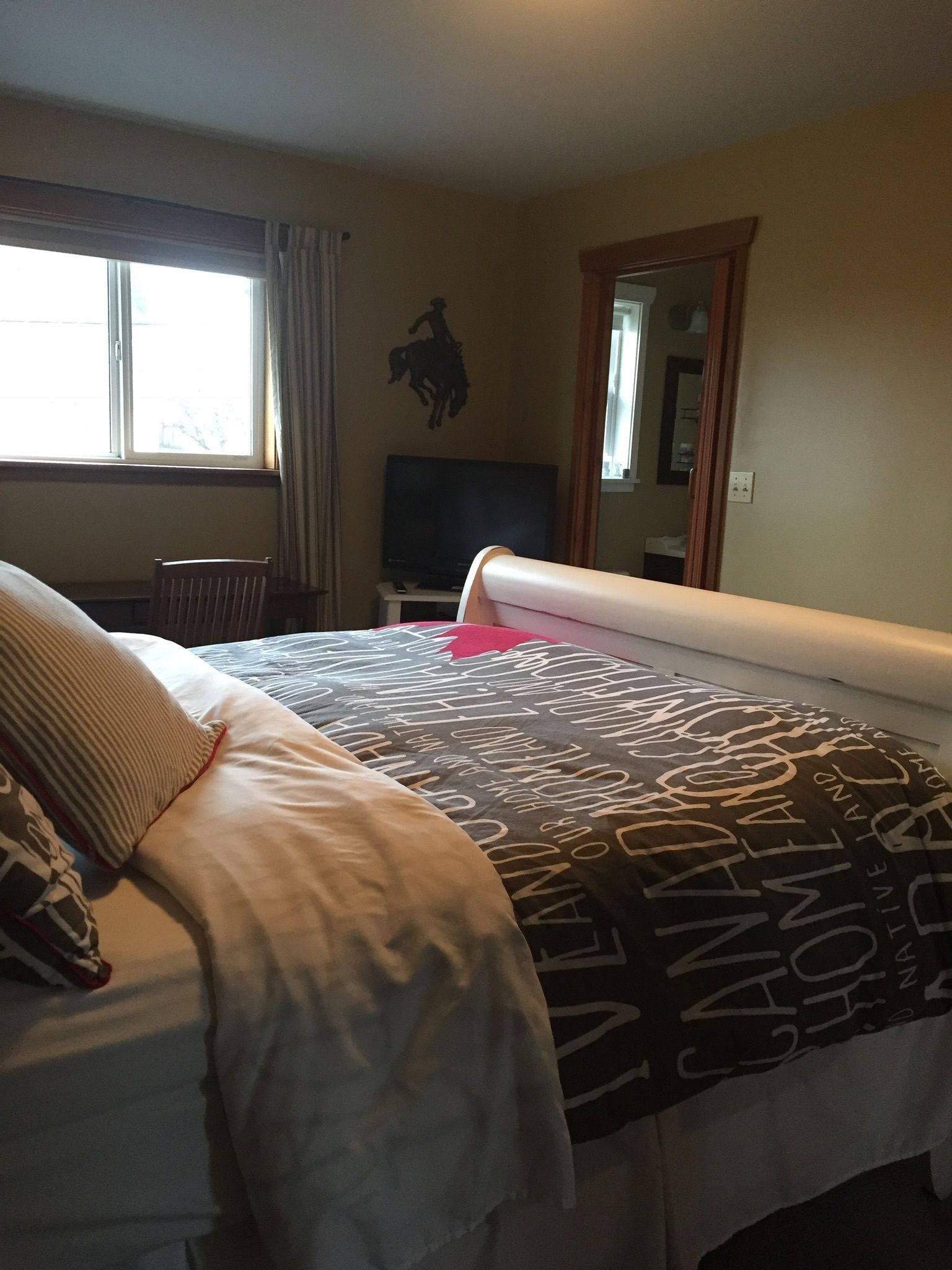 A bedroom with a bed, a television, and a window.