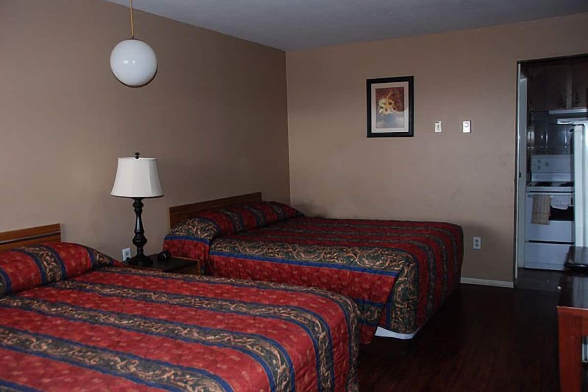 Quarto de hotel com duas camas, uma luminária, um quadro na parede e uma geladeira.