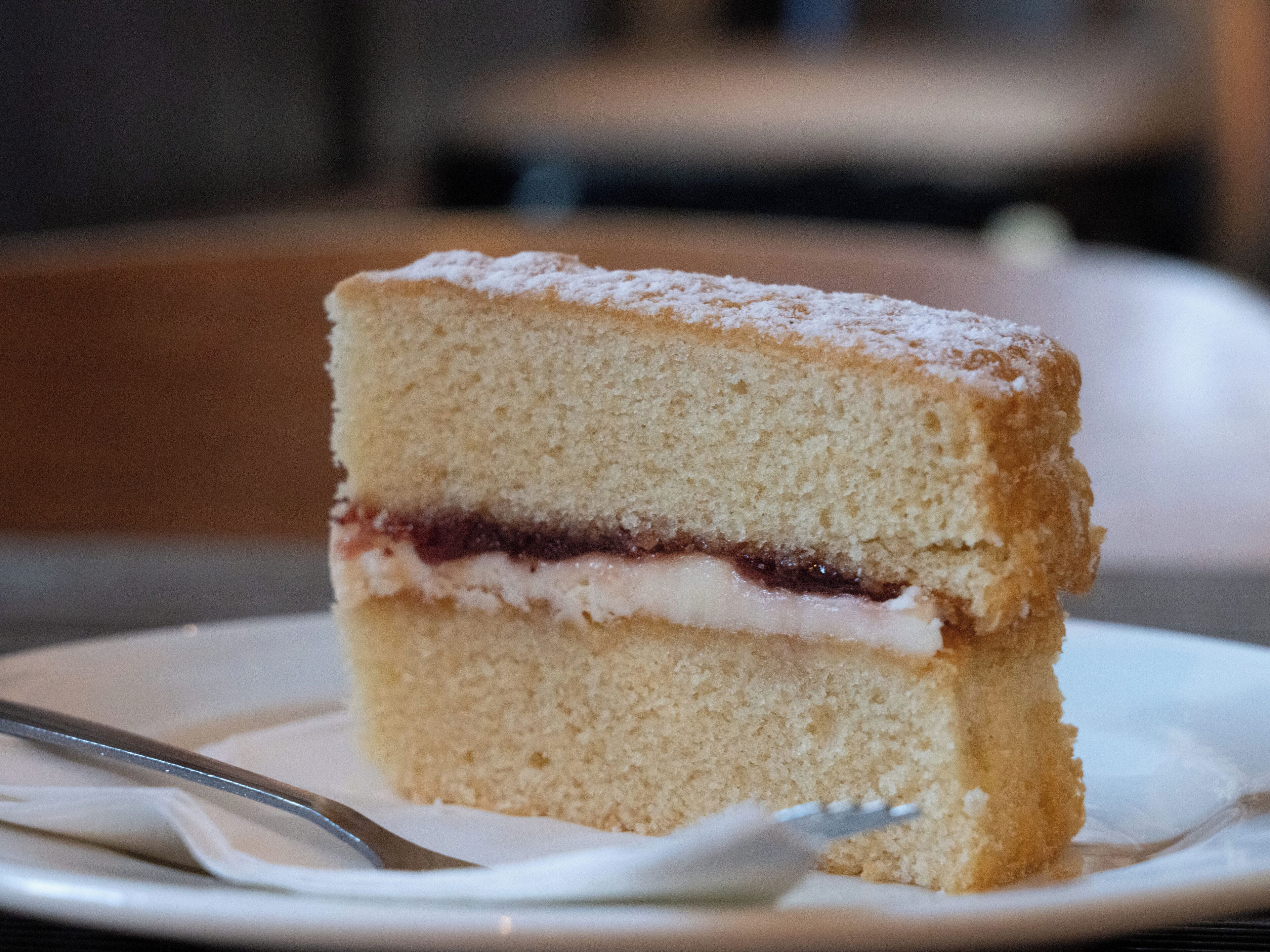 A slice of cake with a dusting of powdered sugar on top, placed on a white plate with a fork beside it.