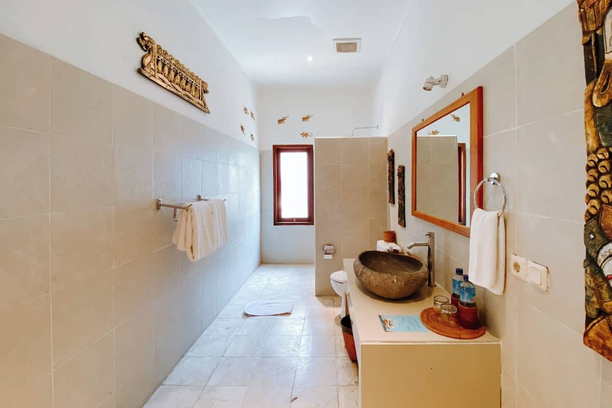 Une petite salle de bain avec un grand miroir, un lavabo doté d’un receveur en pierre et des toilettes.