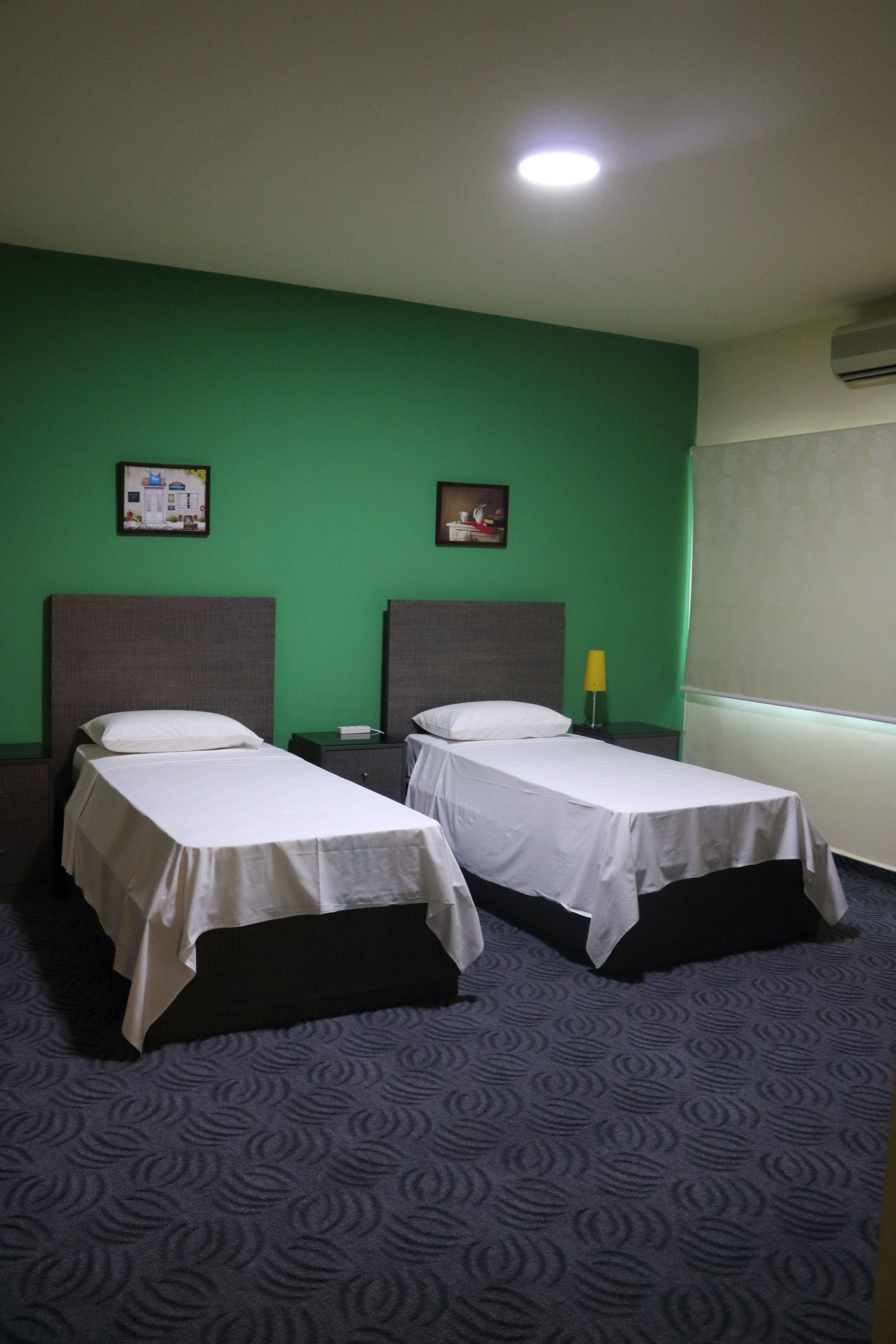 Two single beds with headboards, a green wall, a patterned carpet, and a window with blinds.