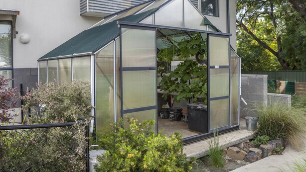 A greenhouse with a transparent roof, surrounded by plants and a stone pathway. - One of a Kind Apartments (Dickson)