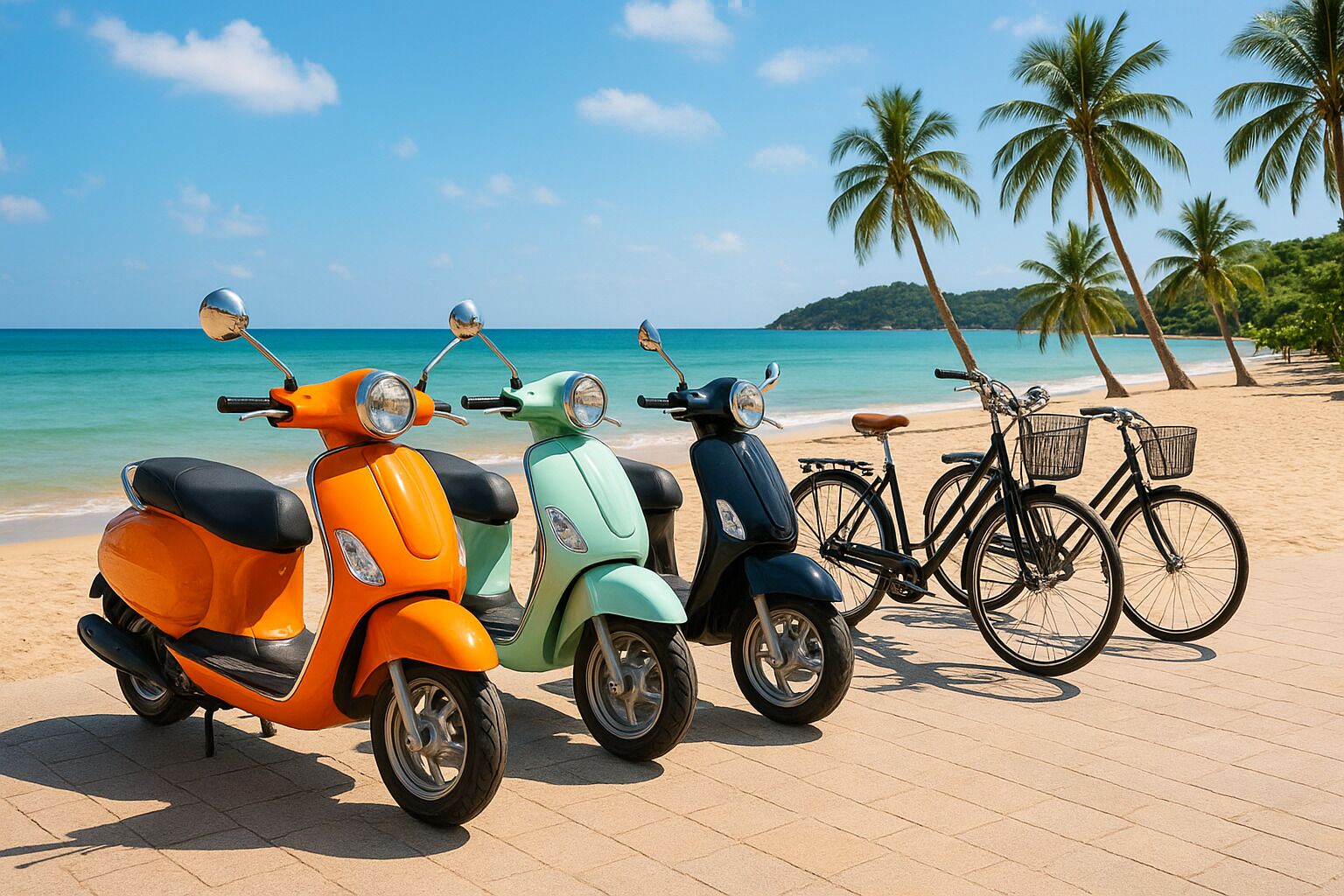 Tres scooters estacionados en una playa con palmeras y el océano al fondo.