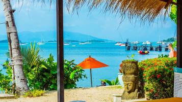 On the beach, sun-loungers, beach umbrellas, beach towels