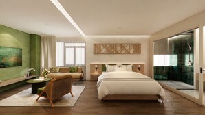 A modern hotel room with a large bed, a seating area with a chair and table, a large window, and a view of the city. - NiK Hotel Nguyen Trai (Ho Chi Minh City)