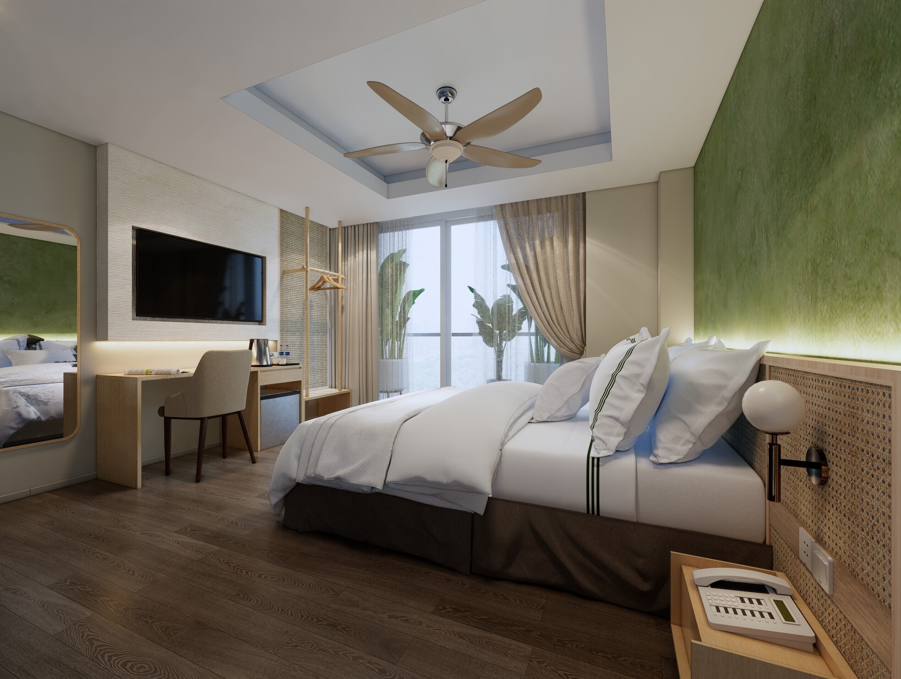 デラックス ダブルルーム バルコニー | 高級寝具、デスク、WiFi (無料)、ベッドシーツ