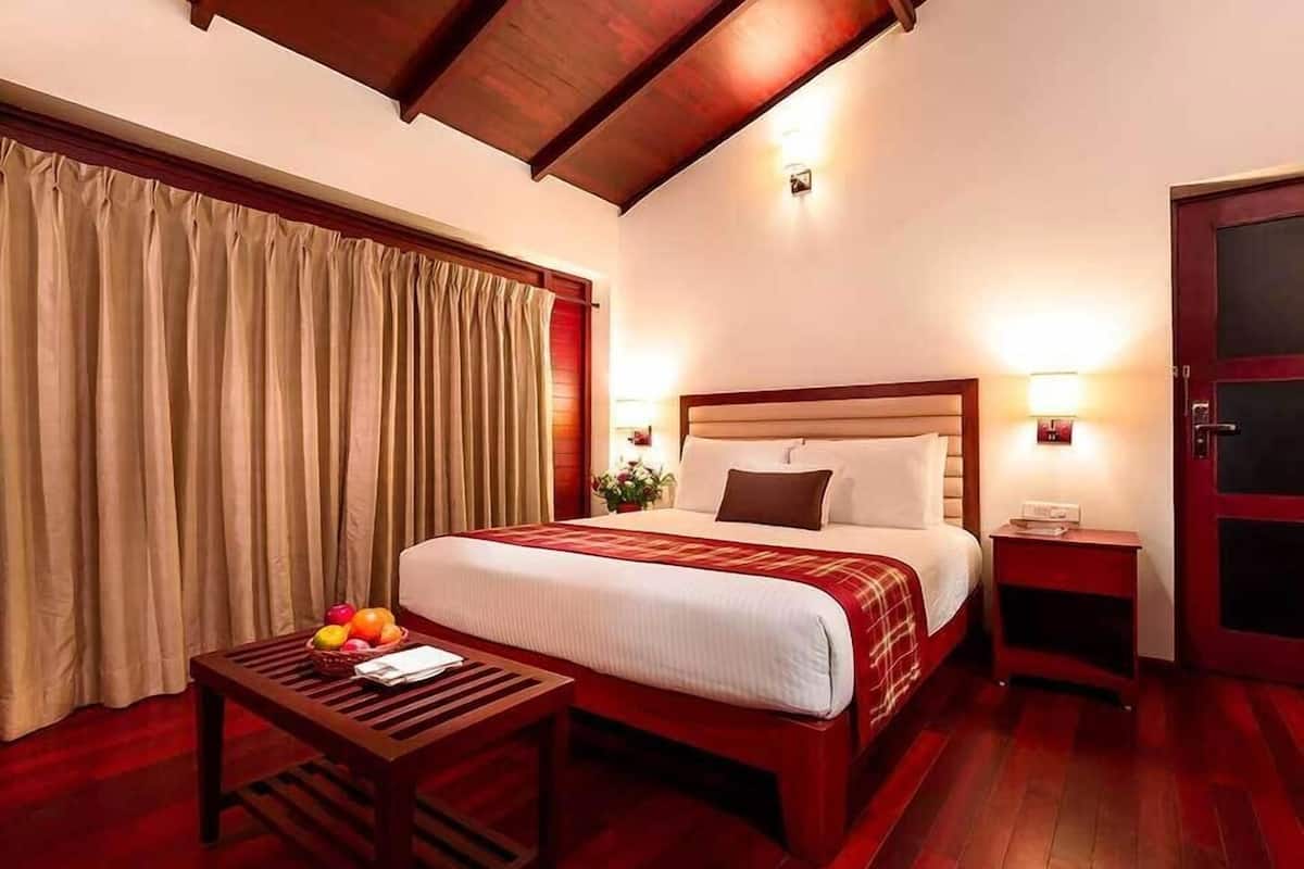 A hotel room with a bed, bedside table, curtains, and a small table with fruits.