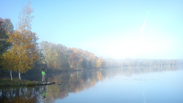 Un lac paisible, avec une personne debout sur un quai, entourée d’arbres aux feuilles d’automne.