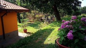 Ein Garten mit einer Terrasse, einem Holztisch und Stühlen.