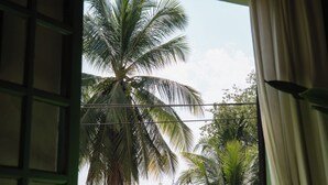 A room with a window overlooking a palm tree and other greenery. - Baan Samsa (Luang Prabang)