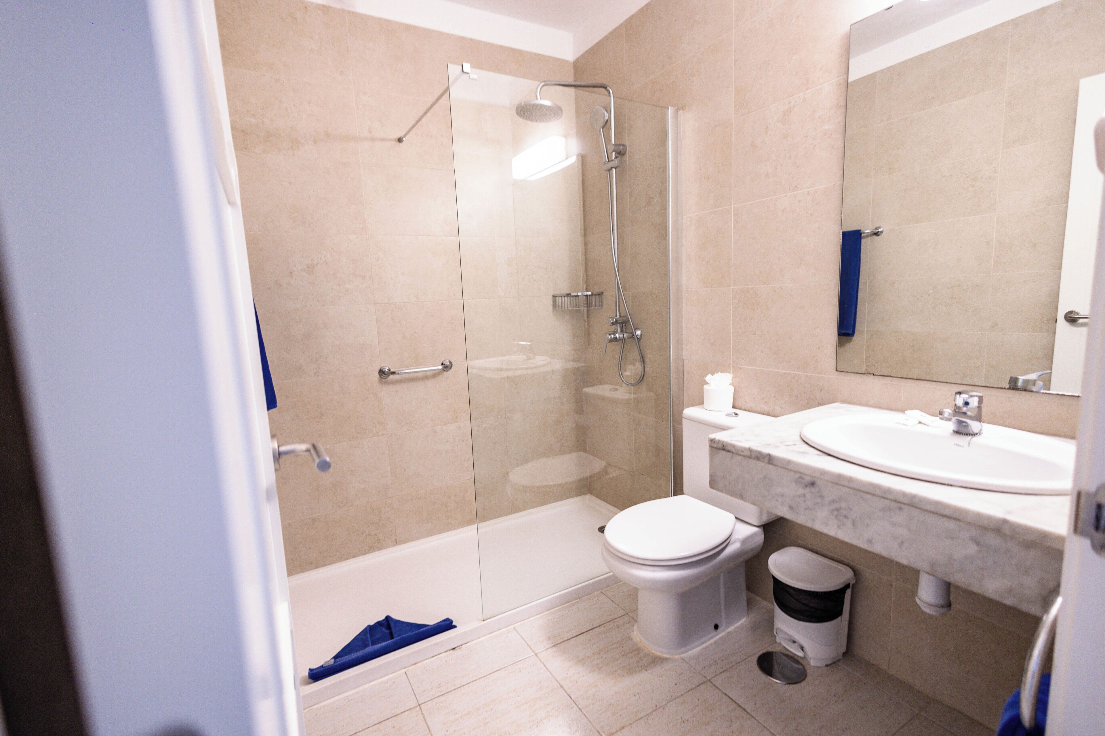 shower, towels, toilet paper