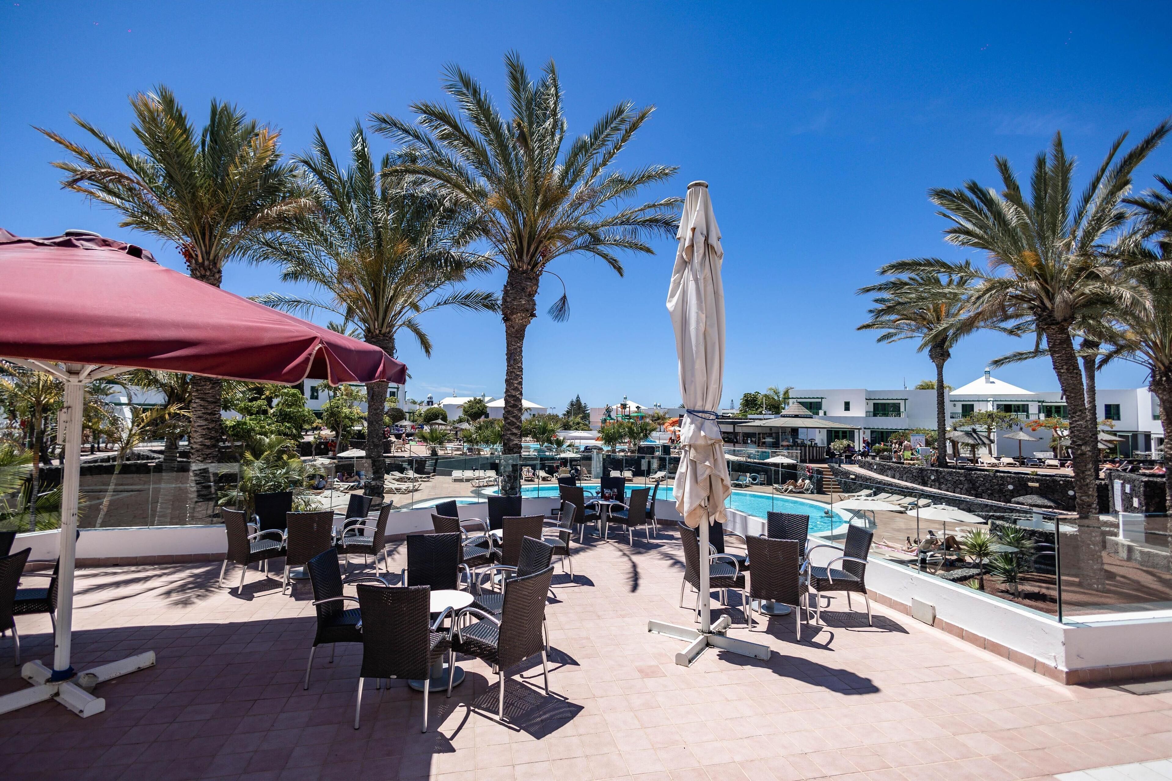 A poolside area with lounge chairs and umbrellas, surrounded by palm trees and a clear blue sky.