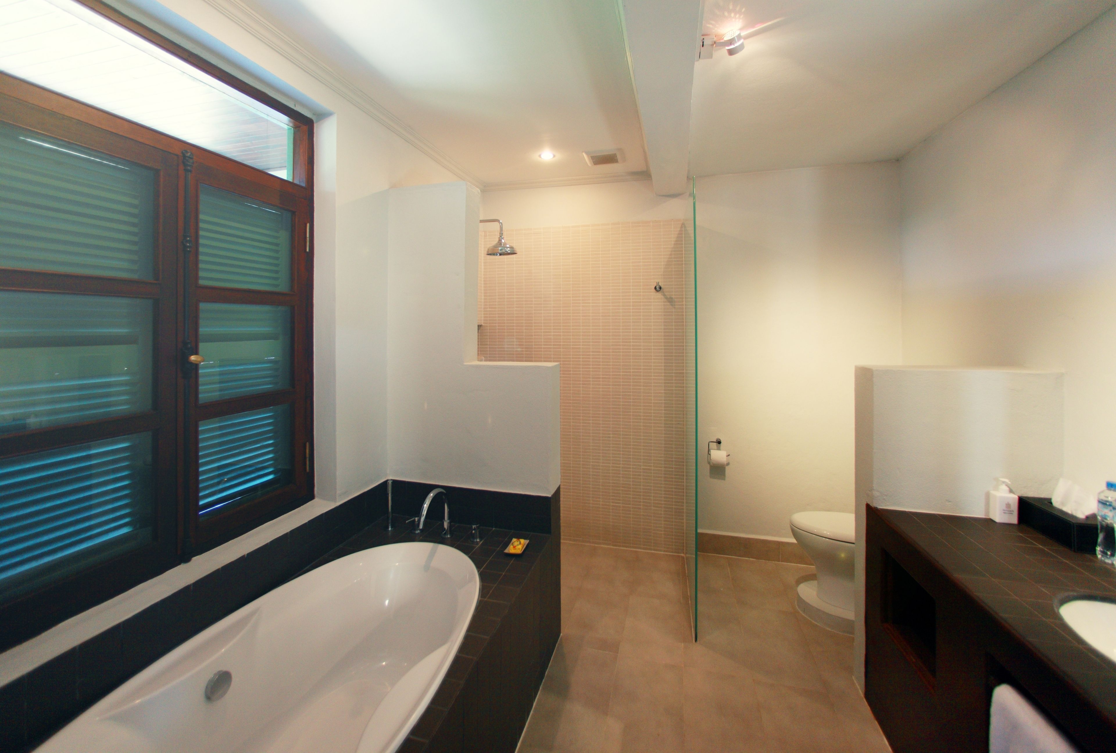 deluxe double room (river view deluxe queen) | bathroom | separate bathtub and shower, free toiletries, hair dryer, bathrobes