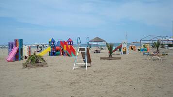 Am Strand, weißer Sandstrand, 2 Strandbars