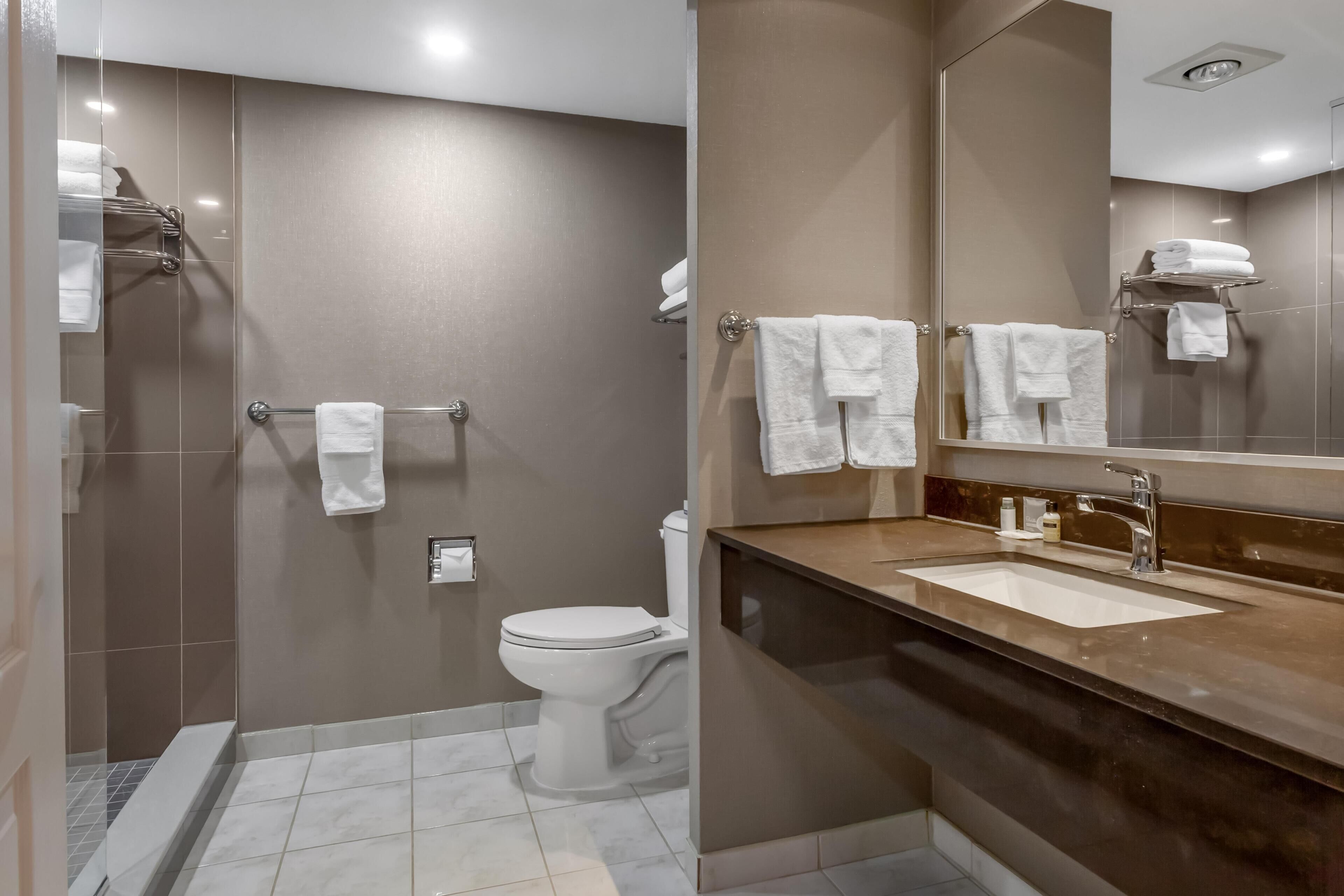 A modern bathroom with a shower, toilet, and sink, featuring a mirror, towel racks, and a marble countertop.
