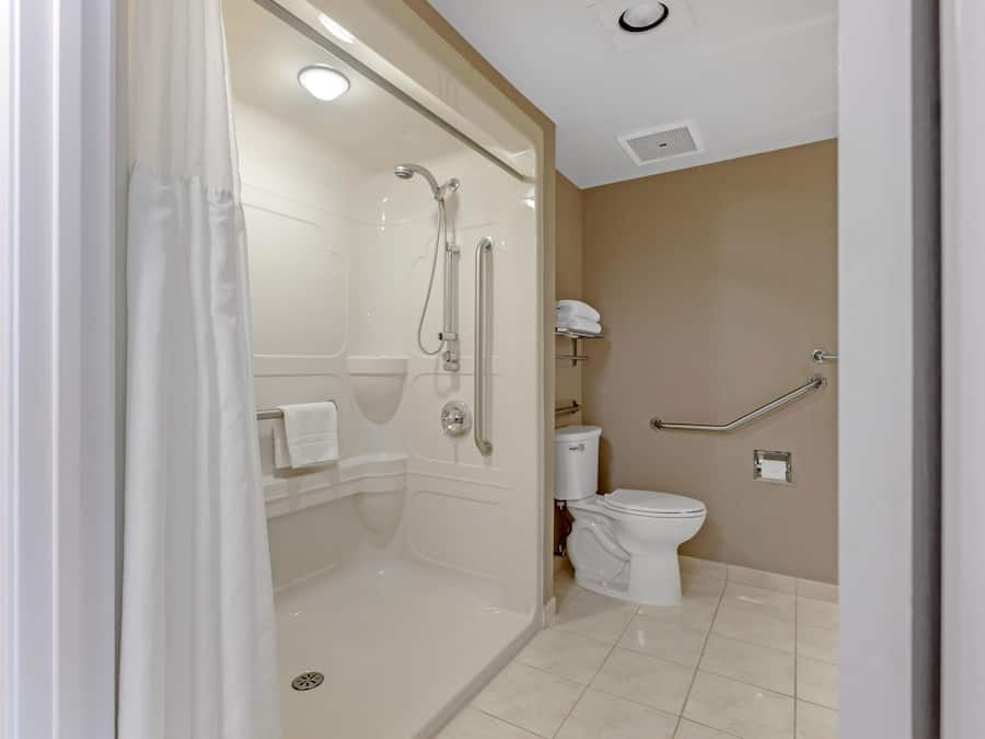 A modern bathroom with a glass-enclosed shower, a toilet, and a handrail.