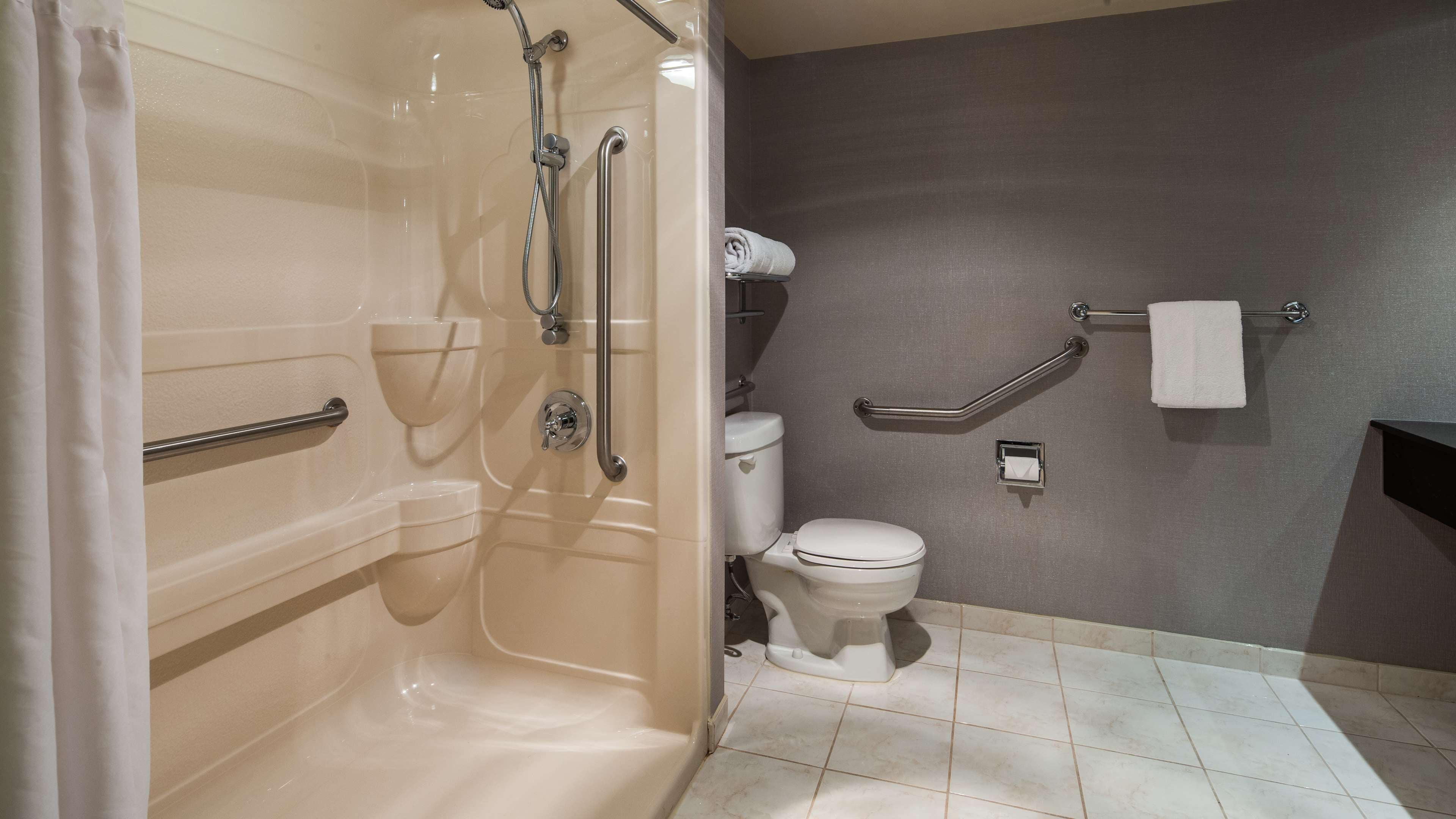 standard room, 1 king bed, accessible, non smoking (walk-in shower) | bathroom | combined shower/bathtub, eco-friendly toiletries, hair dryer, towels