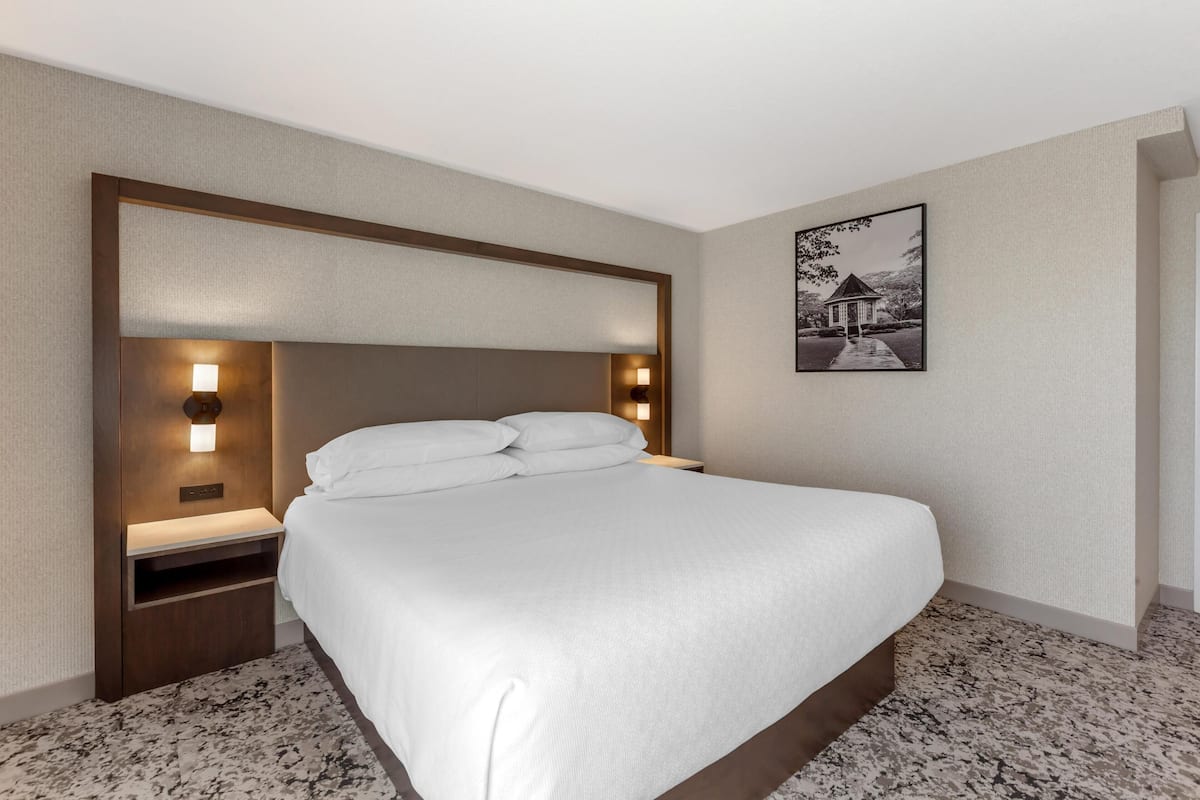 Habitación de hotel con una cama grande, mesitas de noche con lámparas, cabecera, un cuadro enmarcado en la pared y piso alfombrado.