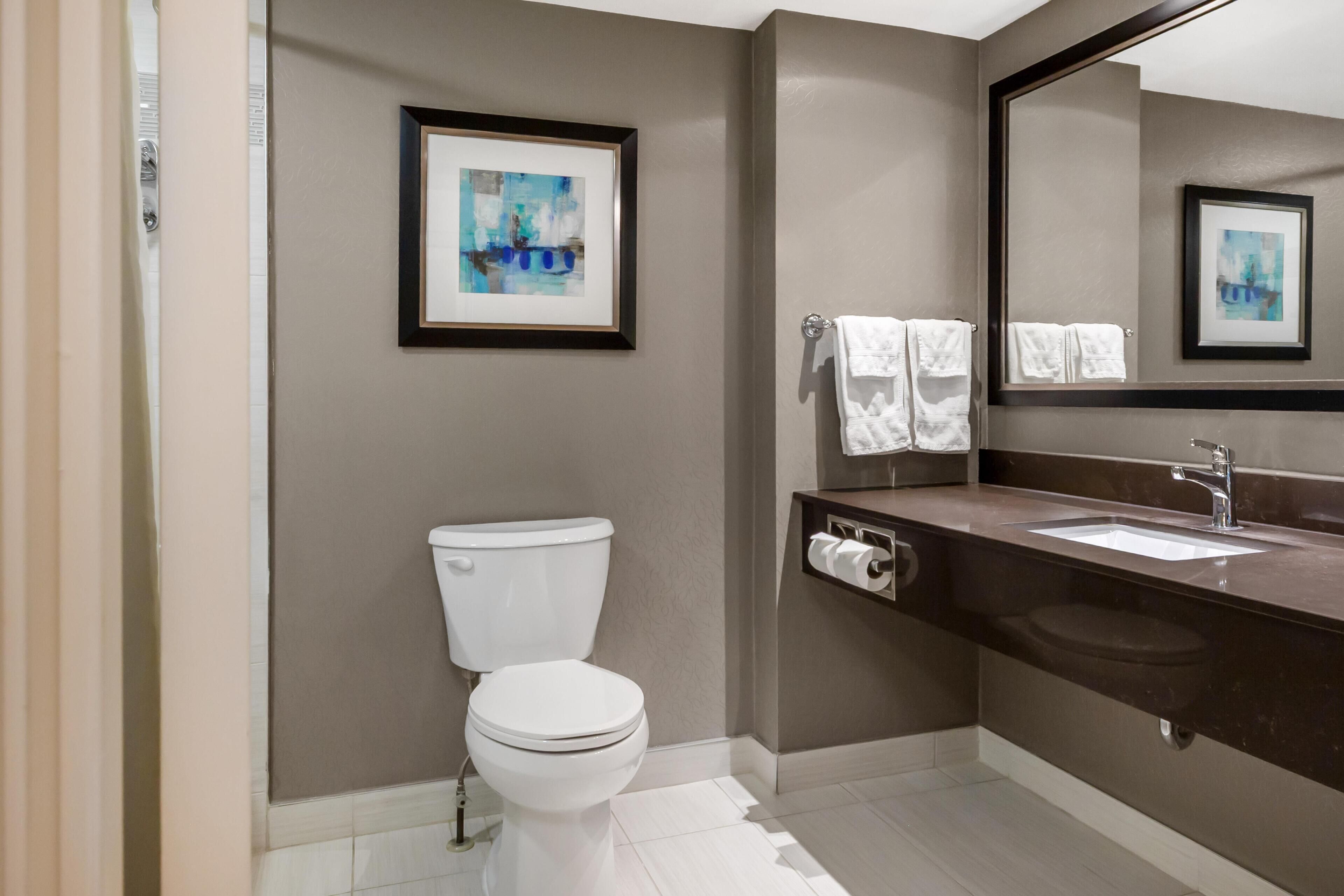 Un baño moderno con inodoro, lavamanos y espejo.