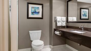 Un baño moderno con inodoro, lavamanos y espejo.