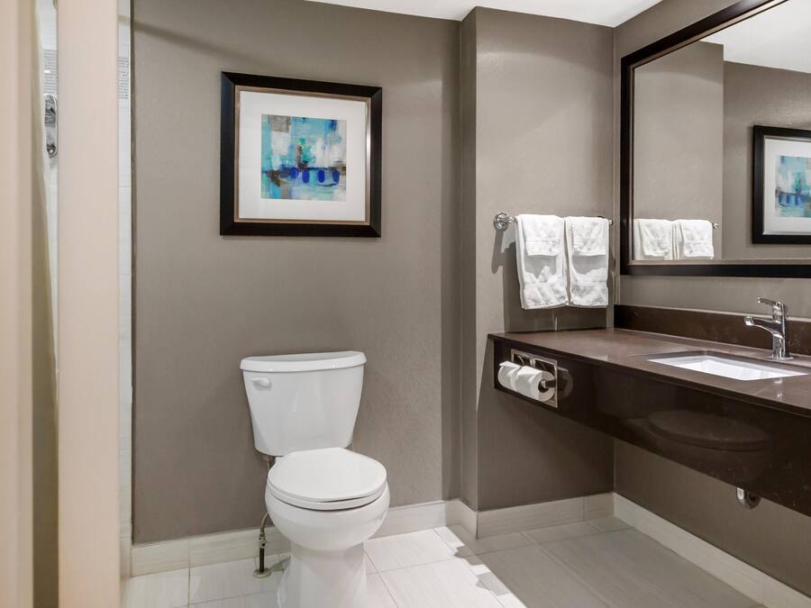 Un baño moderno con inodoro, lavamanos y espejo.