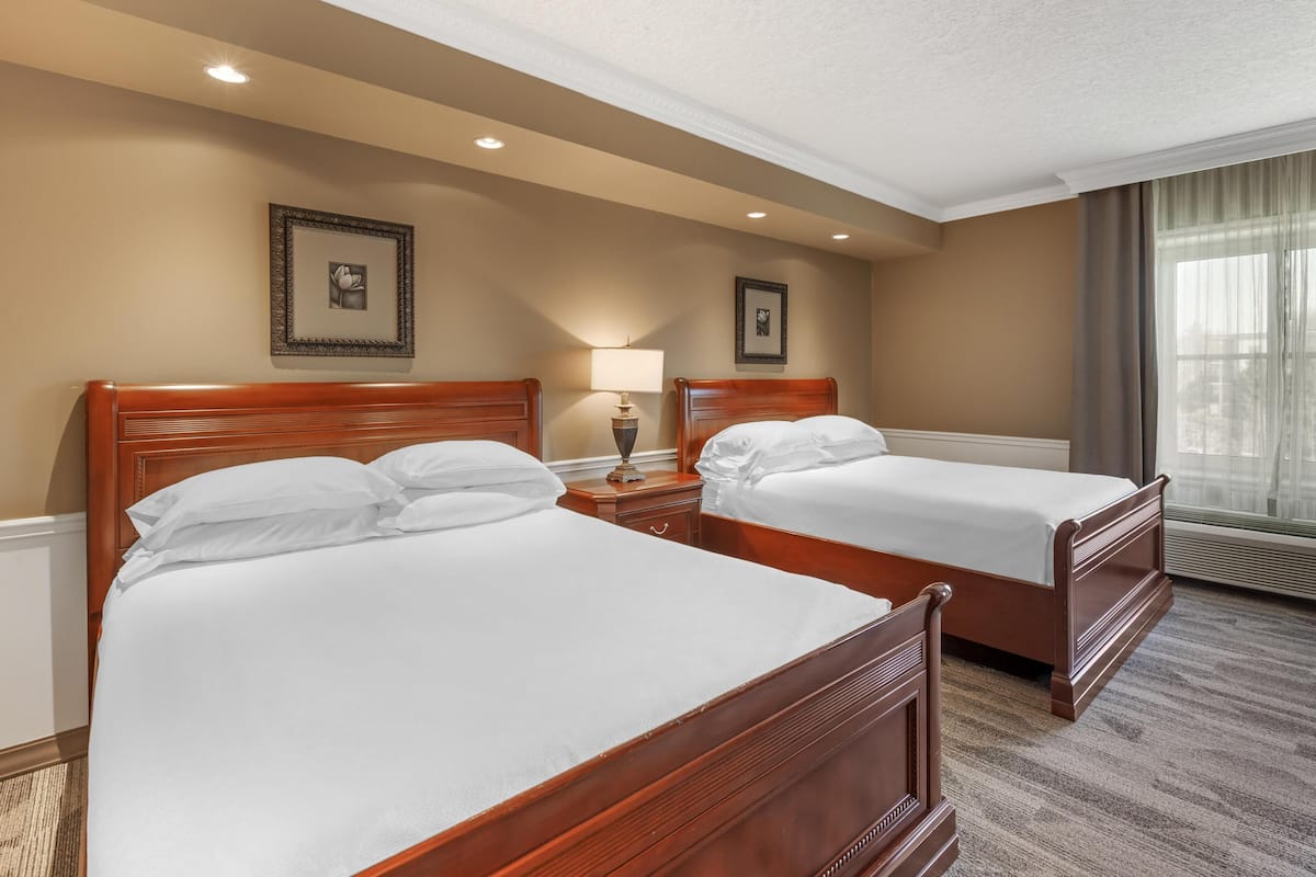 Habitación de hotel con dos camas de madera, una mesita de noche con lámpara, cuadros en la pared y un ventanal con cortinas.