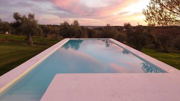 Una piscina rectangular amb una superfície d'aigua blava i transparent, envoltada per una zona verda i arbres.