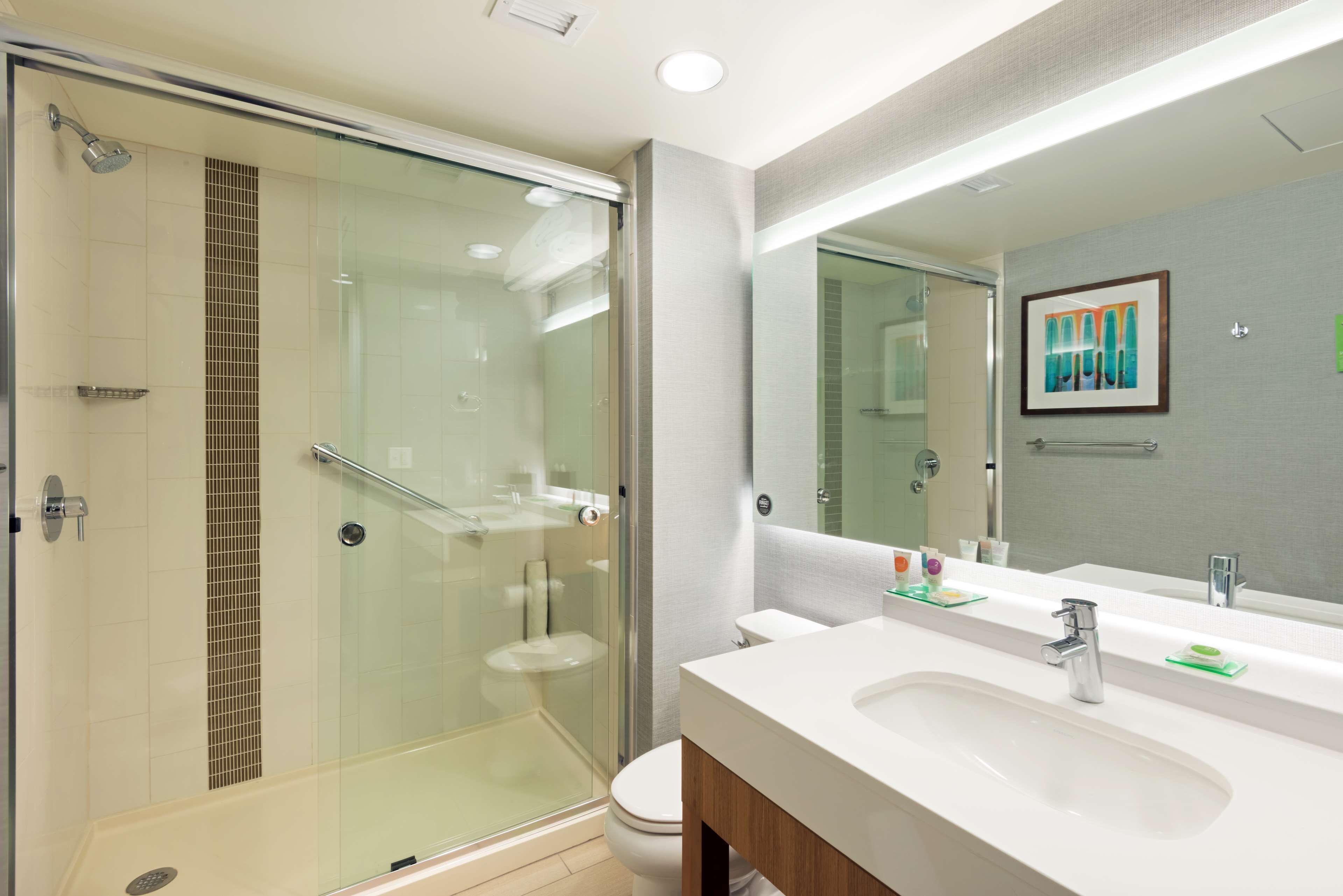 designer toiletries, hair dryer, towels, soap