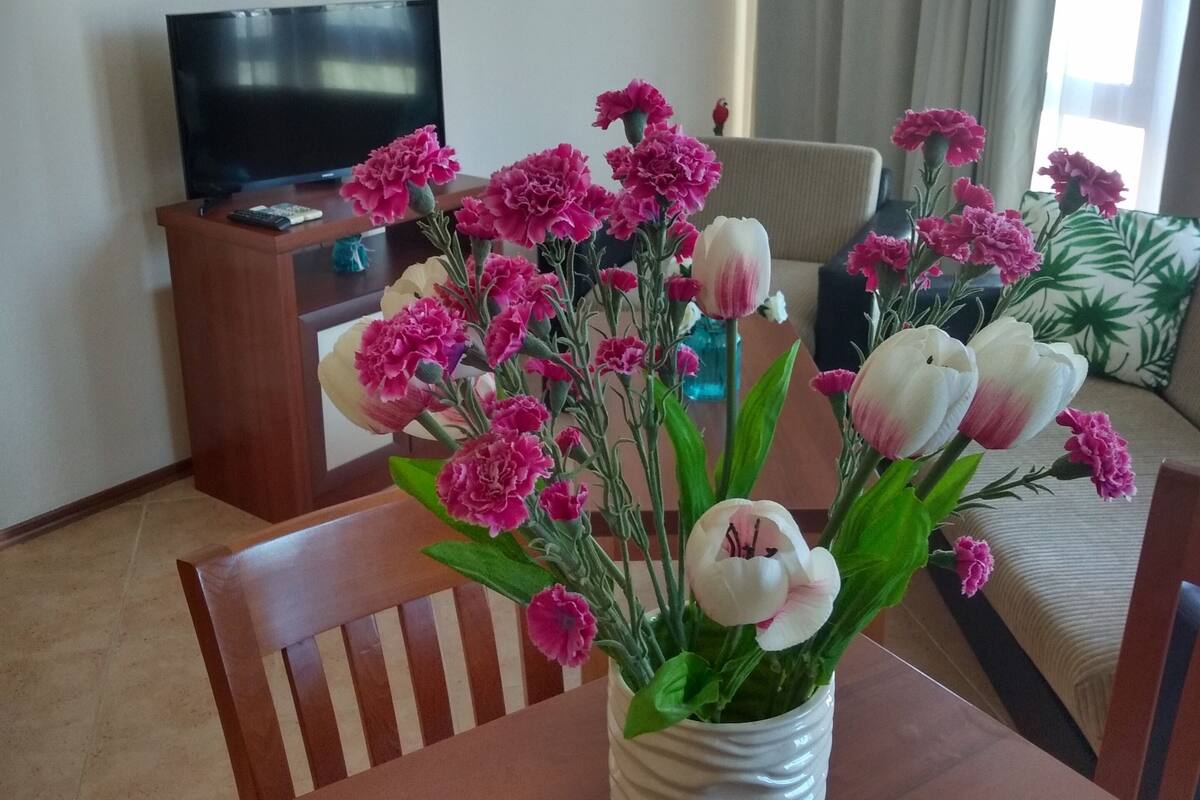 A living room with a TV, a coffee table with a vase of flowers, and a sofa.