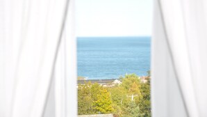 Blick durch ein Fenster mit weißen Vorhängen auf ein Gewässer und eine Wohngegend mit Häusern und Bäumen.