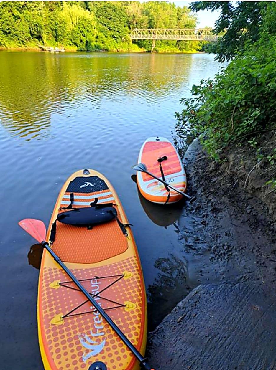 Deux planches à pagaie sont amarrées sur la rive d’une rivière, avec un pont en arrière-plan.