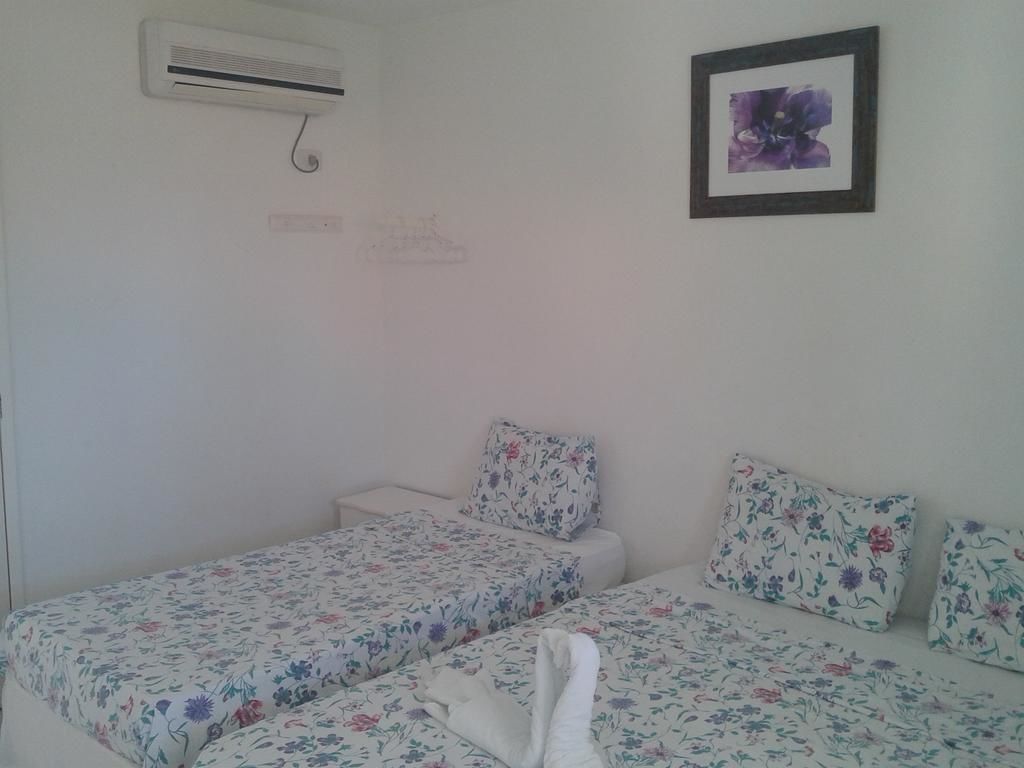 A room with two single beds, a wall-mounted air conditioner, and a framed picture.
